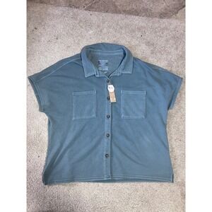 C&C California Sunwashed Button Down Top Women 1X Blue Short Sleeve French Terry